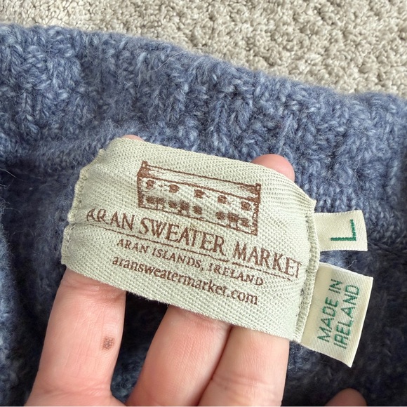 Aran Sweater Market 100% Merino Wool Ireland Cardigan Cable Knit Sweater Blue L - Picture 6 of 10